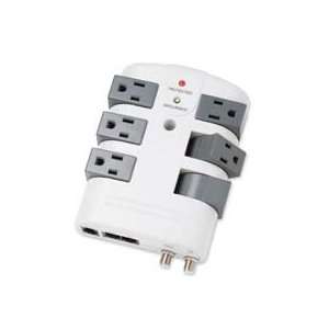  surge protector has six 180 degree rotating outlets. Features 15 amp 
