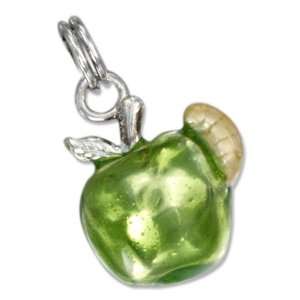   Sterling Silver Enamel 3D Green Apple Charm with Yellow Worm Jewelry