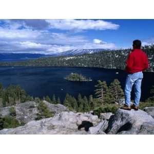Hiker at Viewpoint Overlooking Emerald Bay, Lake Tahoe, California 