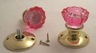 TWO ROSE Crystal Glass & Brass FRENCH DOOR Dummy Knobs  