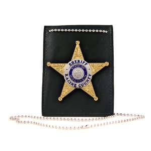 Boston Leather Badge and Id Holder with Neck Chain Plain Finish (Black 