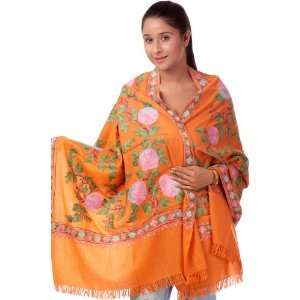  Topaz Orange Phulkari Ari Embroidered Stole   Pure Wool 