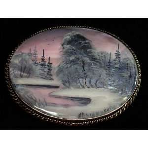  Russian Brooch Hand Painted over Mother of Pearl WINTER 