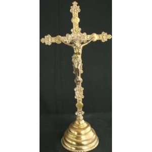   Antique French Ornate Brass Standing Crucifix Cross 