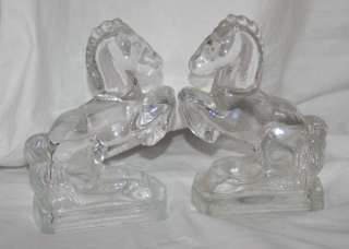 Vintage Clear Pressed Glass Rearing Horse Bookends  