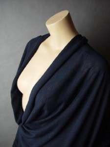 NAVY BLUE Plunging Low Cut Draping Cowl Neck Urban Casual Loose Top fp 