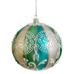 Aqua and Green Striped Paisley Glass Ball Christmas Ornament 4 (100mm 