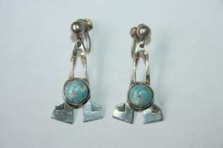 Vintage Signed ARH Sterling Silver Mexico Earrings W/Turquoise Glass 