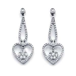 Heart Diamond Dangle Earrings 14k White Gold Drop Cluster 