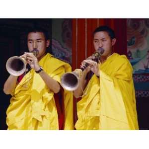  Monks Blowing Flutes Outside a Gompa (Tibetan Monastery 