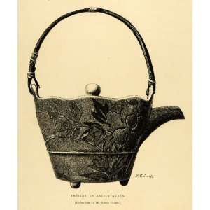  1883 Wood Engraving Heian Teapot Japan Iwata Floral patter 