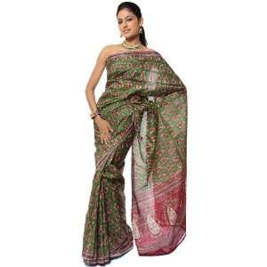  Green Sari from Kolkata with Printed Paisleys All Over 