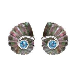  Trianon Rock Crystal Nautilus Shell Earclips with Blue 