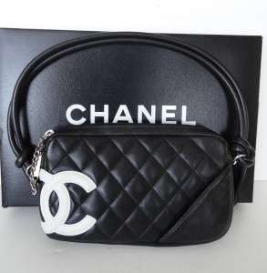 Authentic Chanel Ligne Cambon Lambskin Black White CC Pochette Bag 