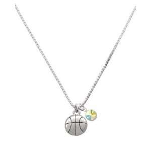 Large Silver Basketball Charm Necklace with AB Swarovski Crystal Drop 