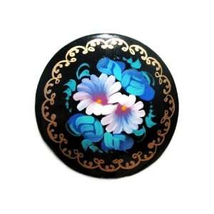  GreatRussianGifts Bouquet Round Lacquer Broach   Blue 