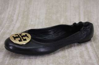 Tory Burch Reva Ballet flats Black Leather Gold metal logo shoes 8 