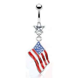   and Blue USA Flag Belly/Navel Ring Silver Tone with Star CZ Accent