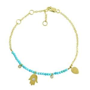 Meira T Solid 14K Yellow Gold Diamonds Turquoise Beads & Hamsa Charm 