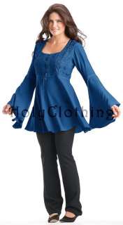 Renaissance Embroidered Lace Up Bell Sleeve Tunic Top  