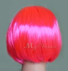 Short Straight Bob Style Wig Hot Pink Cosplay Party Synthetic Hair 