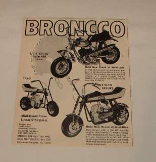 1969 BRONCCO Mini Bikes ad ~ T/C 4 Cross, T/X 3, T/X 1D  