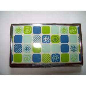  GLAM Retro Green & Blue Squares Design Flat Wallet/Credit Card 