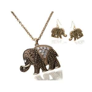 BOHO Indian Tribal Brass Elephant Necklace & Earring Set with Austrian 