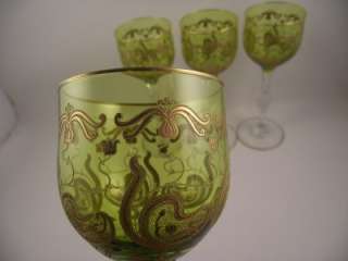   St. Louis Crystal Gold Encrusted Green Goblets~Rhine Wine Hocks~Hock