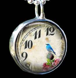 Handmade Vtg Blue Bird Watch Clock Face Soldered Charm Necklace 