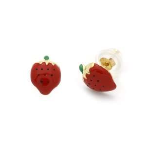   Enamel Strawberry Yellow Gold Earring W/ Safety Back For Kids & Teens