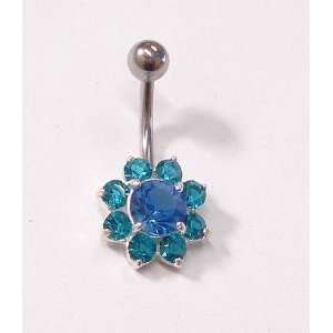  Blue and Teal Flower Belly Ring 