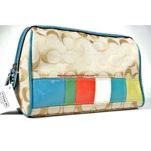   Signature C Costmetic Bag, Khaki & Multi color Leather Blocks Beauty