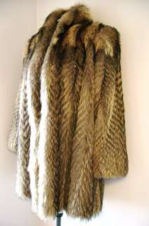   Length Herringbone Fur Clutch Coat Removeable Hood Sz L Tanuki  