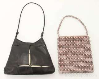  Black Leather & Dusty Rose Beaded Evening Handbag Set 