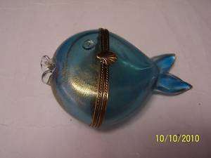 Murano Italian Art Glass Blue Blowfish Hinged Box  