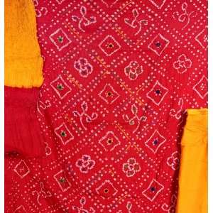Red Bandhani Tie Dye Salwar Kameez Fabric from Gujarat with Mirrors 