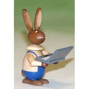 Easter Bunny with Laptop German Wood Figurine