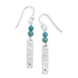  Turquoise Bead Gold Accent Bar Rectangle Drop Earrings 