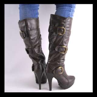NEW BROWN KNEE HIGH HEEL BELTED LUG SOLE BOOTS  
