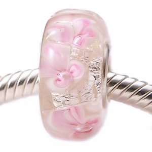  Pink Flowers On Ice Murano Glass Bead fits Pandora 