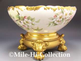 LIMOGES H PAINTED ROSES & BUMBLEBEES PUNCH BOWL + STAND  