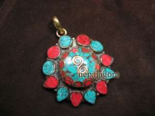   tribal turquoise coral color resin inlay brass pendant Nepal  
