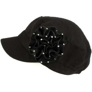 Winter Cadet Military Cabbie Hat Flower Accent Cap Black D&Y david and 