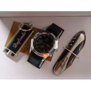  DUFONTE BY LUCIEN PICCARD BLACK WATCH, KEYCHAIN & POCKET 