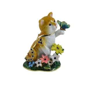  Cat jewelry trinket box kitty cat playing with butterfly 