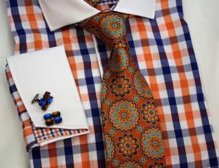 Dress Shirt,Steven Land Spread Collar FrenchCuffs Blue&Orange Check 