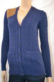 Ralph Lauren NAVY BLUE CABLE KNIT SUEDE CARDIGAN SWEATER NWT M  