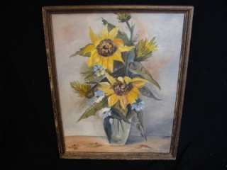 1900S SUNFLOWER ANTIQUE OIL PAINTING OLD CATES FLORAL  