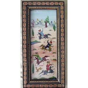  Persian Painting in Khatam Inlay Frame Pastoral Scene 